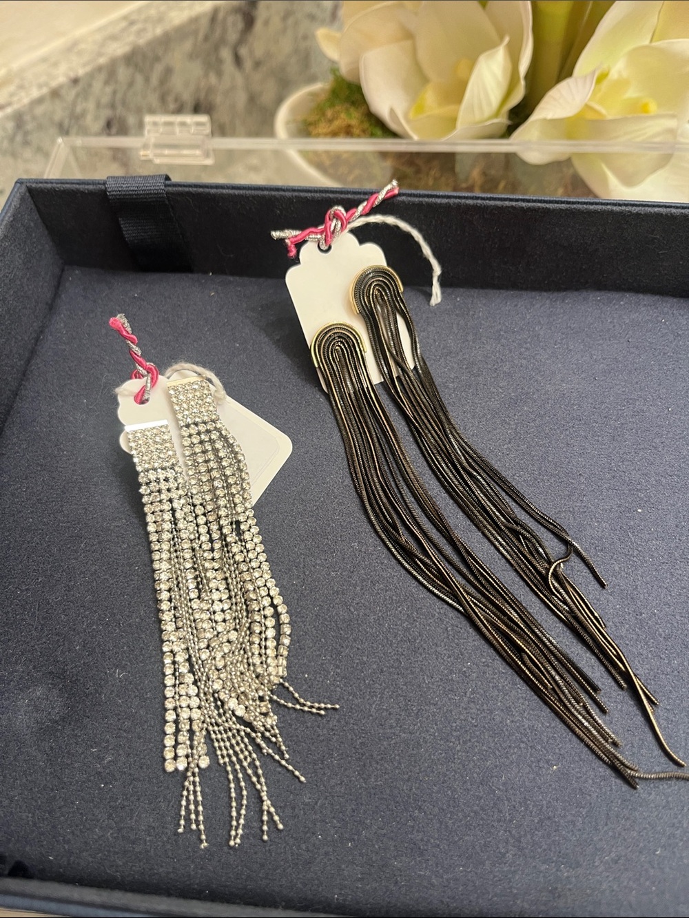 Guess Silver Rhinestone and Black Fringe Drop Earrings Set